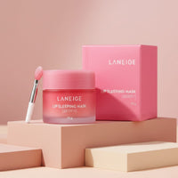 My Glam Room Laneige Berry Lip Sleeping Mask 20g jar with applicator and pink box on a minimalist podium