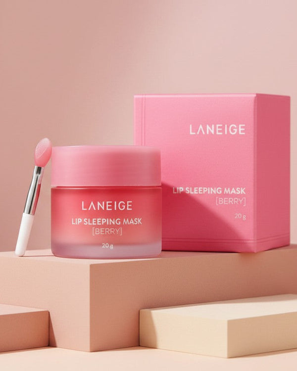 My Glam Room Laneige Berry Lip Sleeping Mask 20g jar with applicator and pink box on a minimalist podium