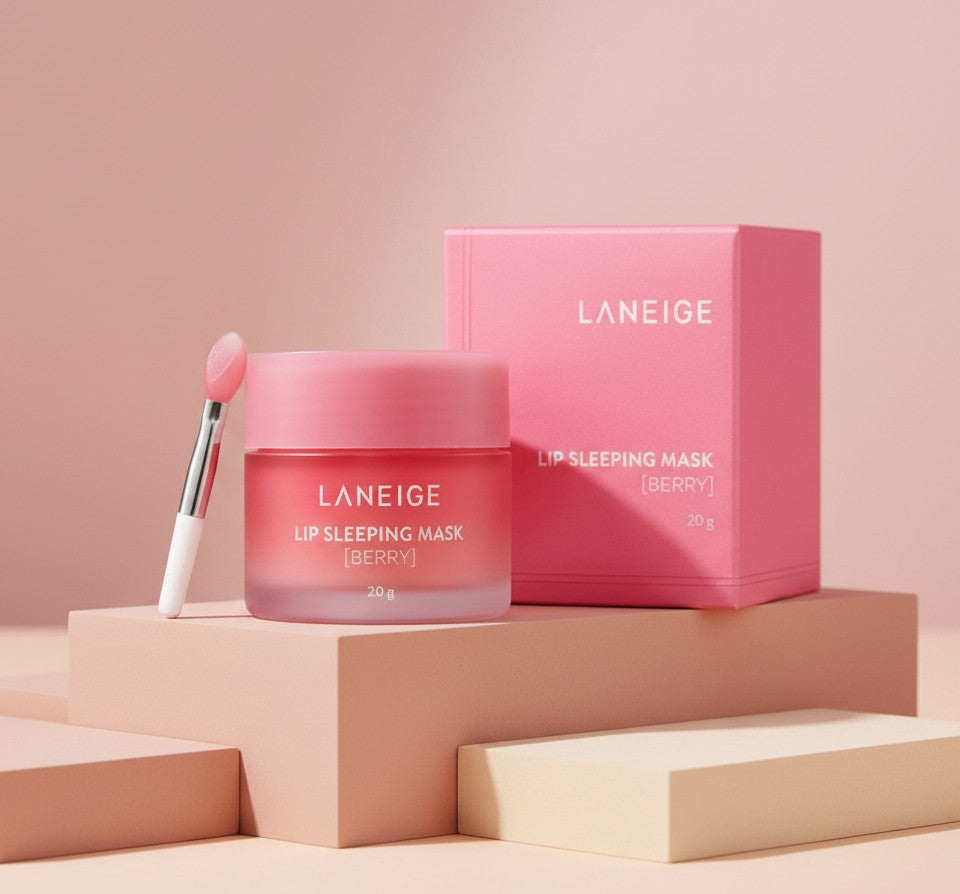 My Glam Room Laneige Berry Lip Sleeping Mask 20g jar with applicator and pink box on a minimalist podium