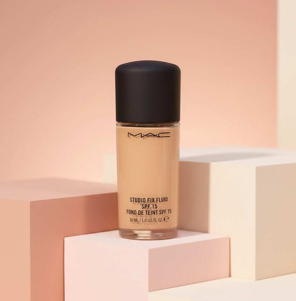 My Glam Room Mac Studio Fix Fluid SPF 15 foundation bottle in a glass container with a black cap on pastel blocks.