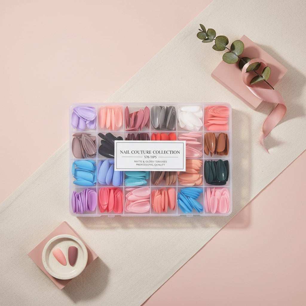 My Glam Room 576 piece set of assorted matte and glossy press-on nail tips in a clear plastic storage organizer box.