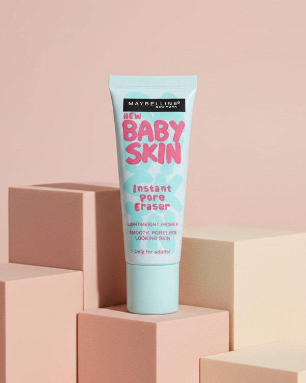 My Glam Room Maybelline Baby Skin Instant Pore Eraser primer tube on pastel geometric blocks