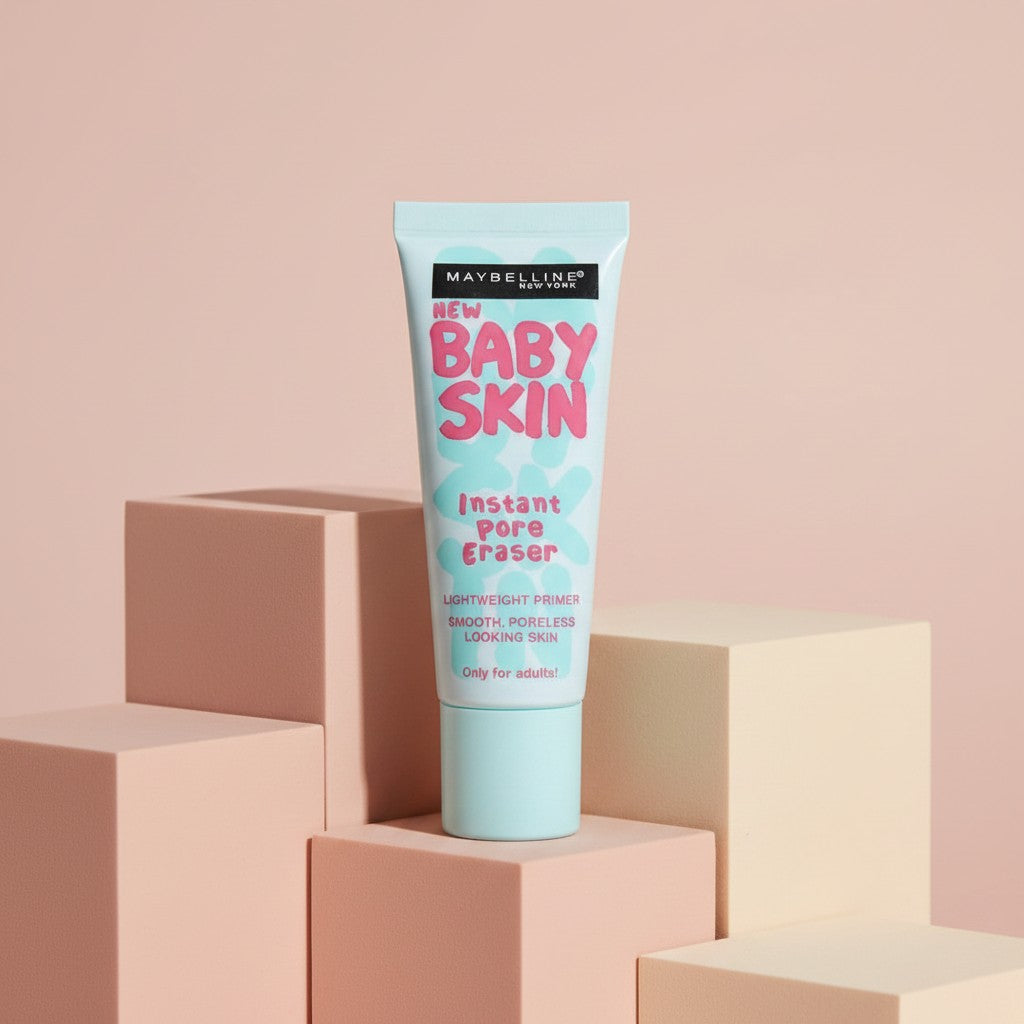 My Glam Room Maybelline Baby Skin Instant Pore Eraser primer tube on pastel geometric blocks