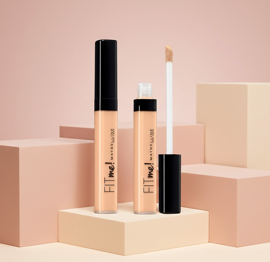 My Glam Room Maybelline Fit Me concealer tubes with applicator wand on geometric display blocks