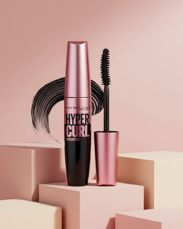 My Glam Room Maybelline Hyper Curl waterproof mascara with curved applicator brush on pastel geometric pedestals