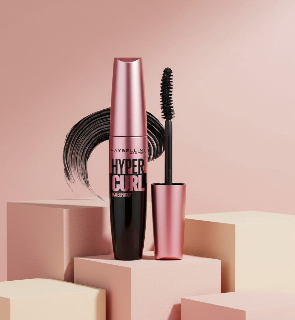 My Glam Room Maybelline Hyper Curl waterproof mascara with curved applicator brush on pastel geometric pedestals