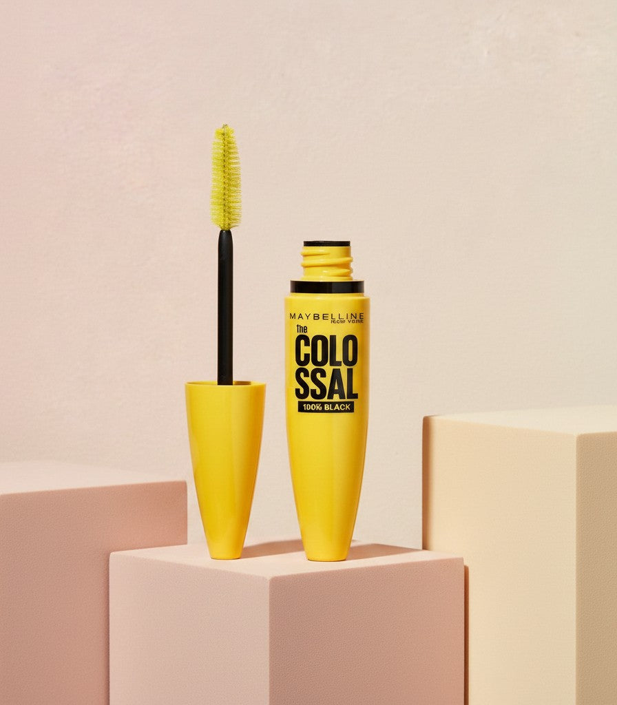 My Glam Room Maybelline New York Volum’ Express Colossal Mascara in yellow tube with brush applicator