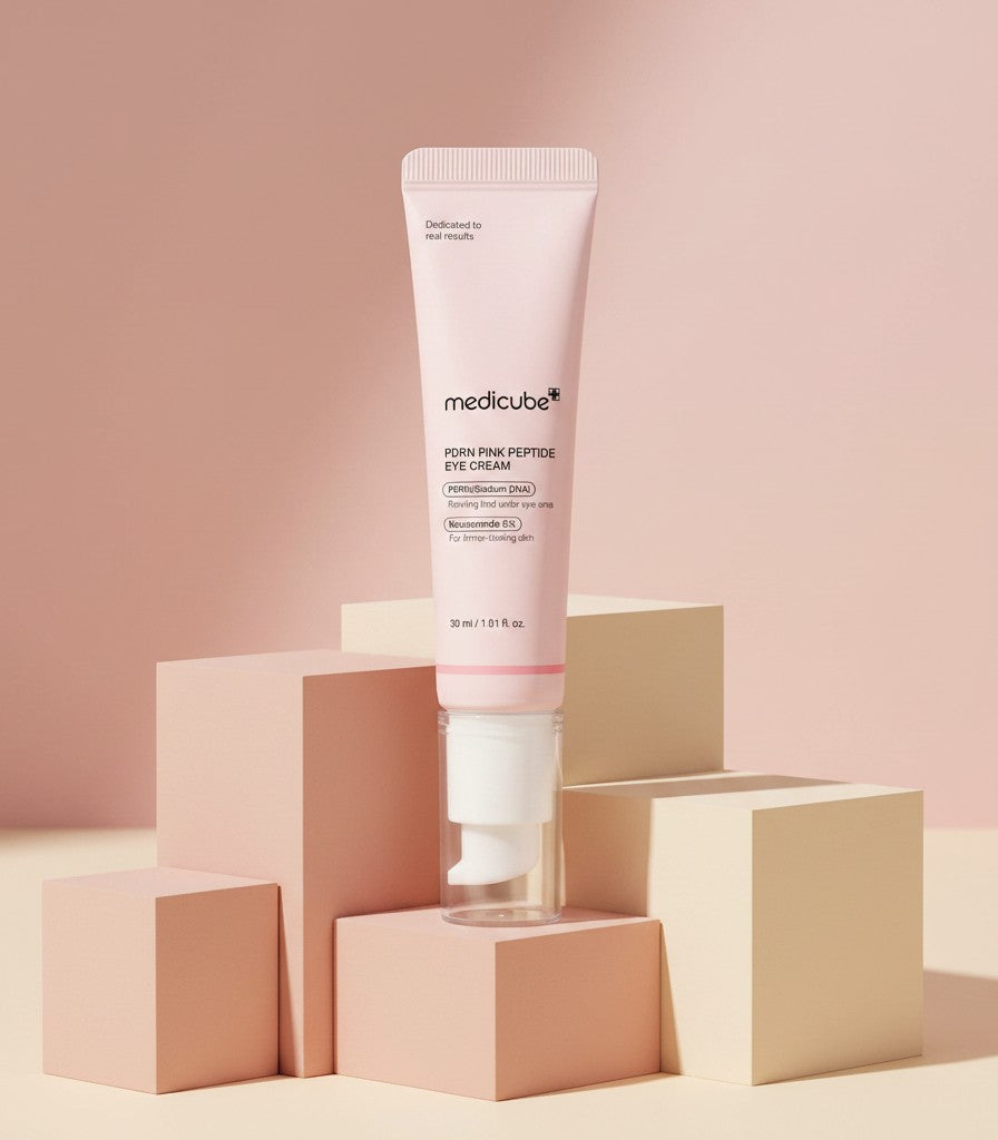 My Glam Room Medicube PDRN Pink Peptide eye cream in a soft pink tube displayed on geometric blocks