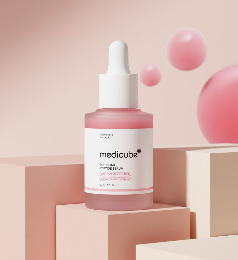 My Glam Room Medicube PDRN Pink Peptide Serum in a glass dropper bottle on geometric platforms with pink spheres.