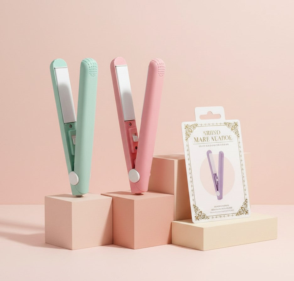 My Glam Room mini hair straighteners in pastel green and pink displayed on geometric blocks with product packaging