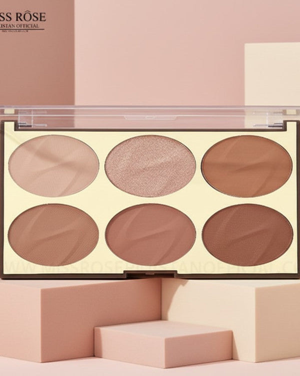 My Glam Room Miss Rose 3D face palette featuring six shades of contour, bronzer, and highlighter in a sleek case.