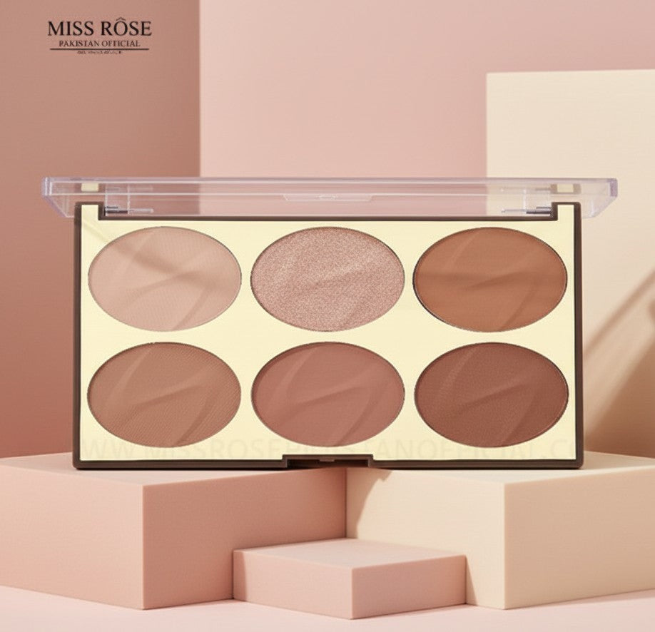My Glam Room Miss Rose 3D face palette featuring six shades of contour, bronzer, and highlighter in a sleek case.