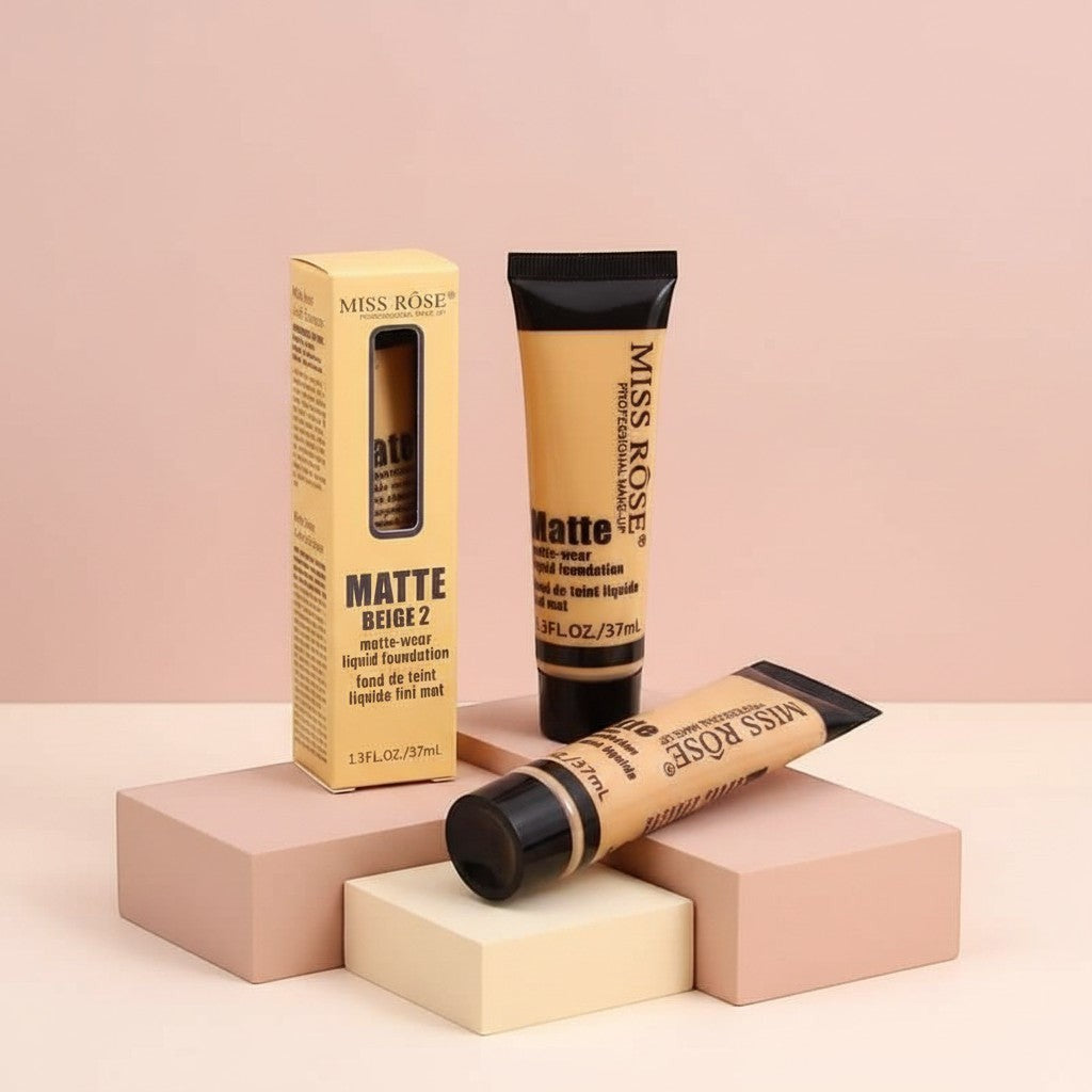 My Glam Room Miss Rose full coverage matte liquid foundation in beige 2 with product packaging tube and box