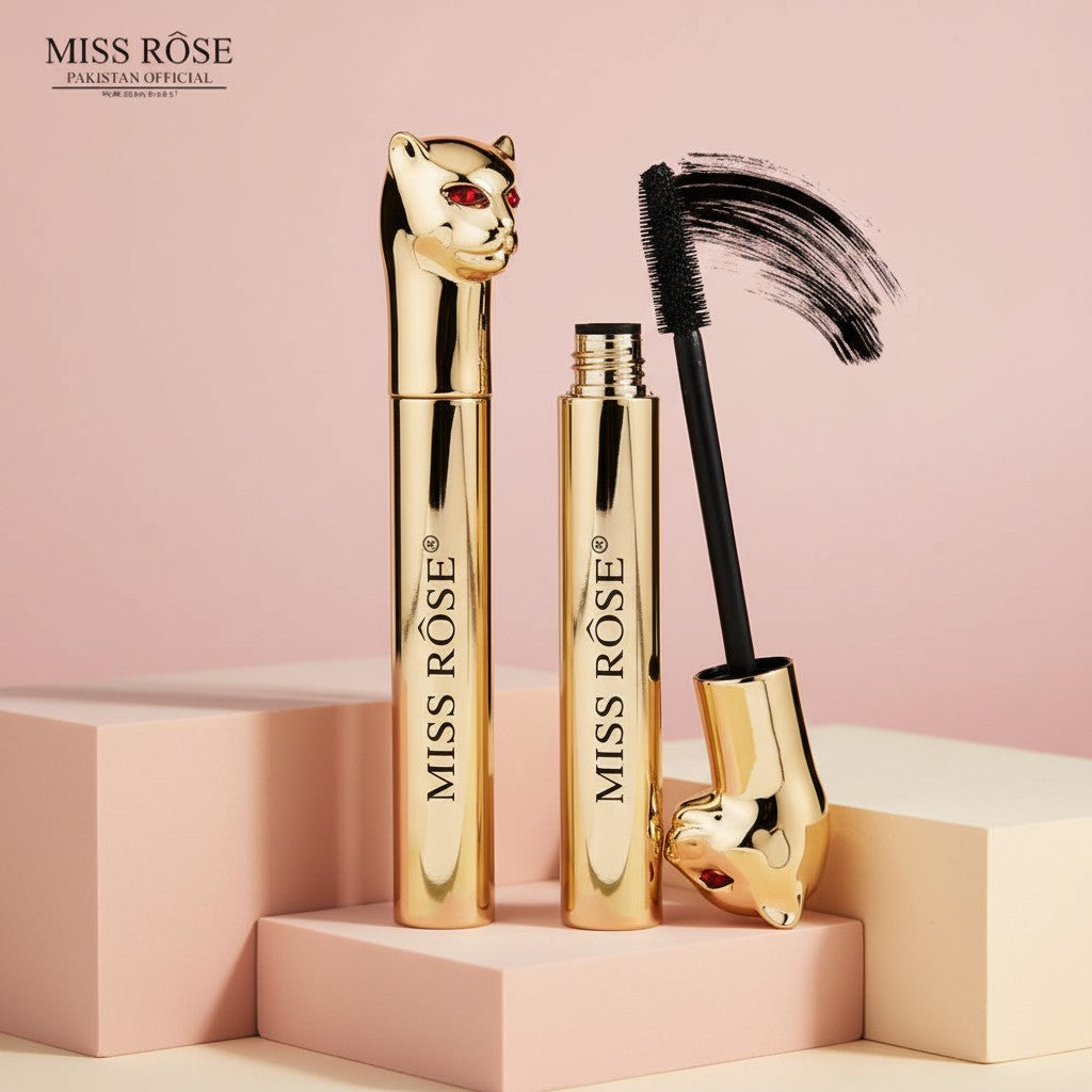 My Glam Room Miss Rose Leopard mascara in a gold tube with a decorative panther head cap and black mascara wand.