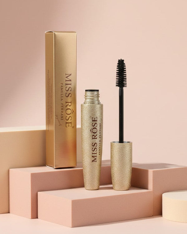 My Glam Room Miss Rose Pamella Ferrari mascara in a gold glitter tube with its matching box on a tiered display.