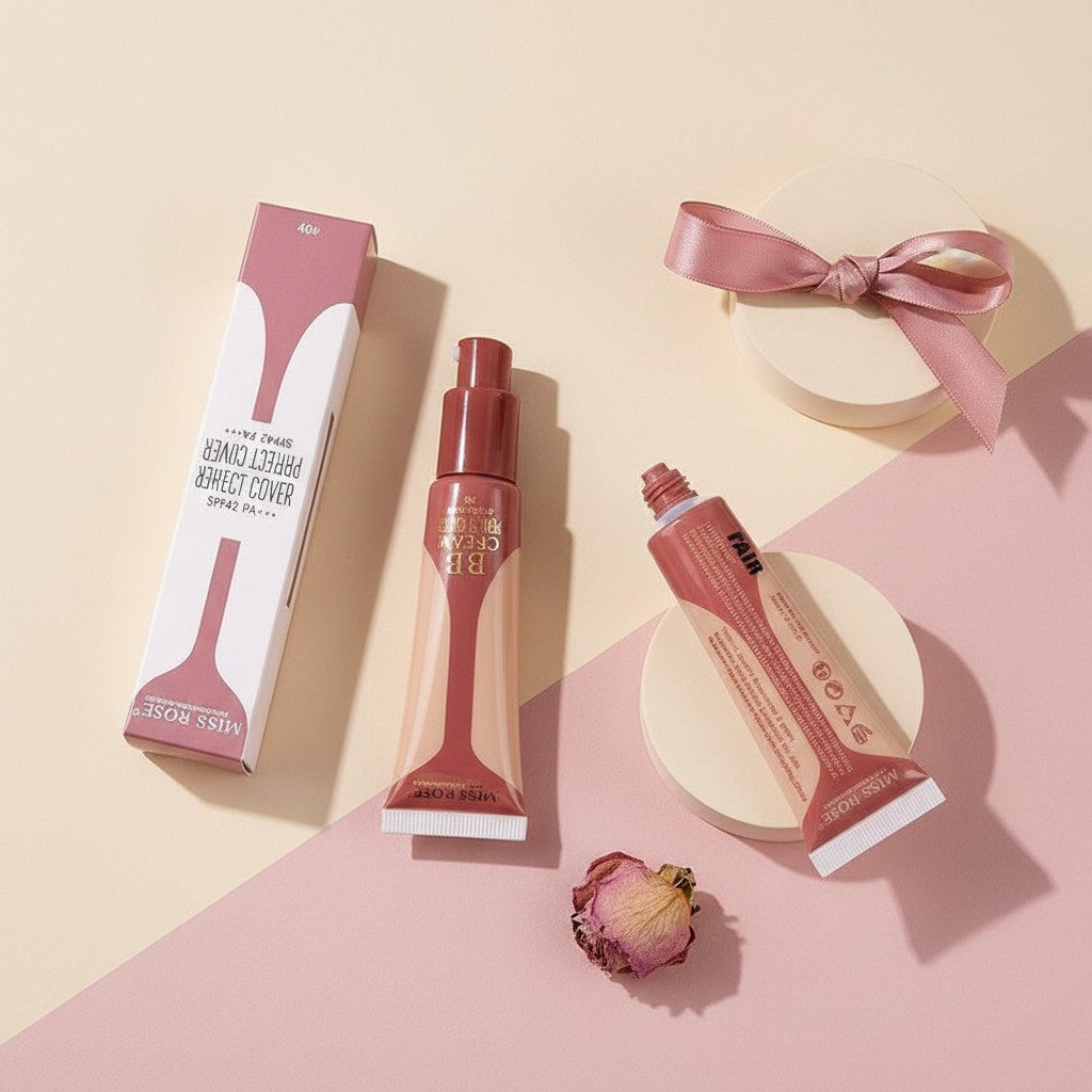 My Glam Room Miss Rose Perfect Cover BB Cream tubes and packaging on a pink and beige background with a silk ribbon.