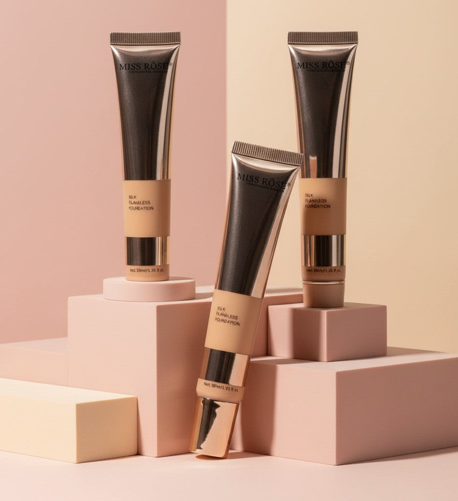 My Glam Room Miss Rose Silk Flawless Foundation tubes displayed on minimalist geometric pink blocks