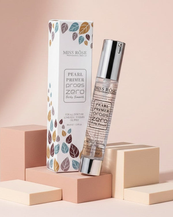 My Glam Room Miss Rose Zero Pore Pearl Primer bottle and box on geometric pedestals against a soft pink background