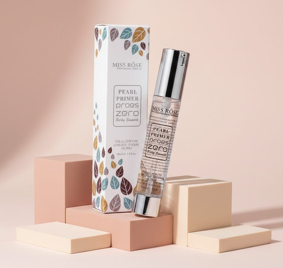 My Glam Room Miss Rose Zero Pore Pearl Primer bottle and box on geometric pedestals against a soft pink background