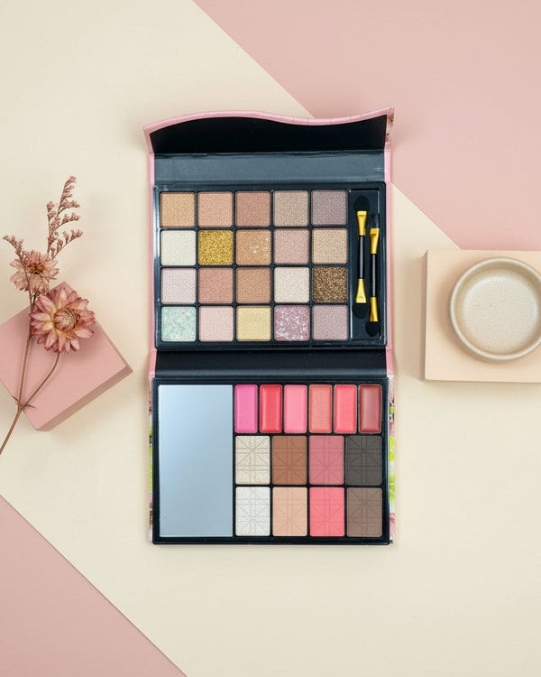 My Glam Room Mocallure Love Forever makeup palette featuring eyeshadows, lip colors, and blush in a compact case.