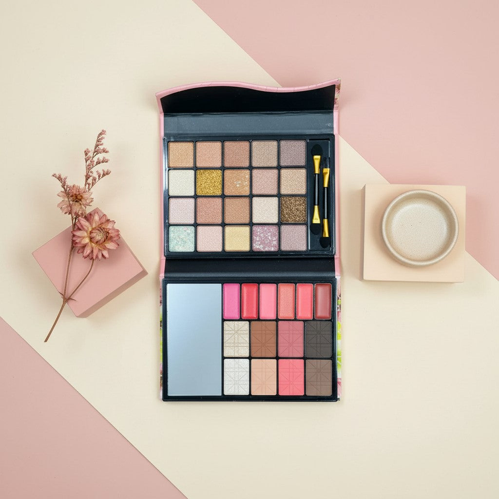 My Glam Room Mocallure Love Forever makeup palette featuring eyeshadows, lip colors, and blush in a compact case.