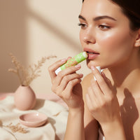 My Glam Room model applying essence juicy bomb lip butter balm in a soft, minimalist studio setting.