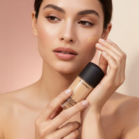 My Glam Room model applying Mac Studio Fix Fluid Foundation to her cheek for a smooth, matte finish.