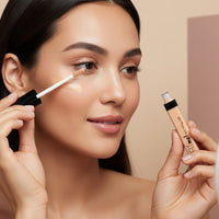 My Glam Room model applying Maybelline Fit Me concealer with a wand applicator for a natural, flawless finish.