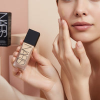 My Glam Room Nars All Day Luminous Foundation bottle held by a model with foundation applied to her cheek