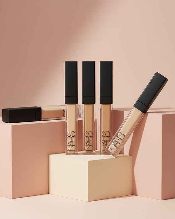 My Glam Room Nars liquid concealer tubes in various shades arranged on minimalist geometric blocks