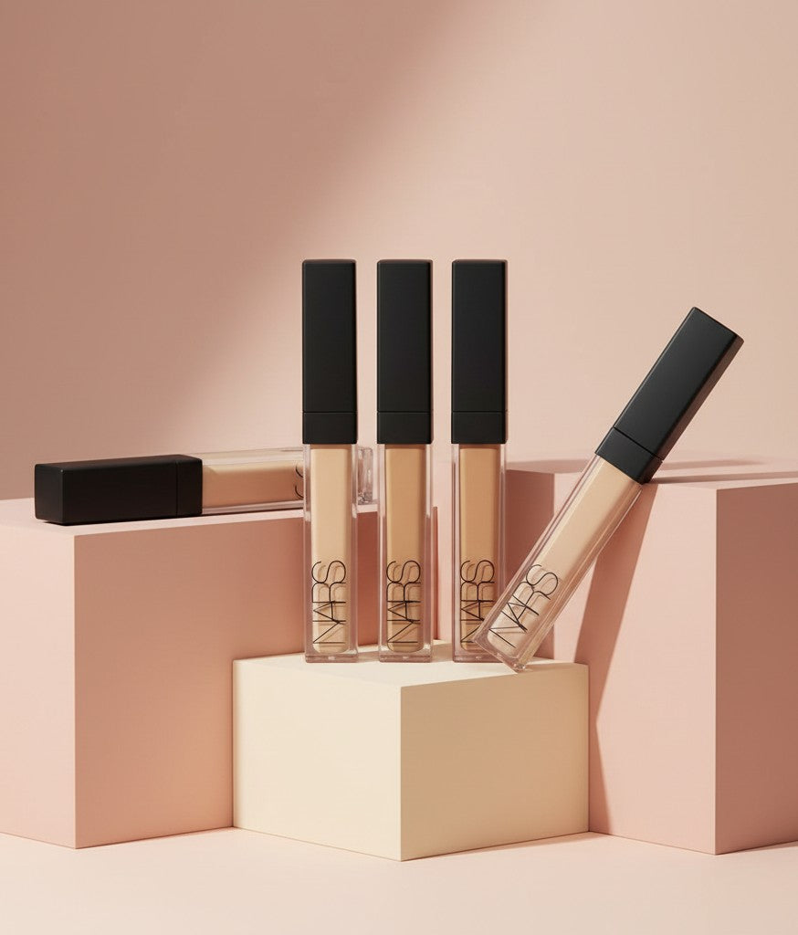 My Glam Room Nars liquid concealer tubes in various shades arranged on minimalist geometric blocks