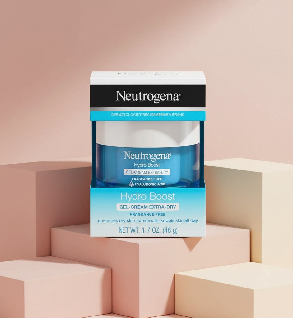 My Glam Room Neutrogena Hydro Boost fragrance-free gel-cream for extra-dry skin in blue jar packaging