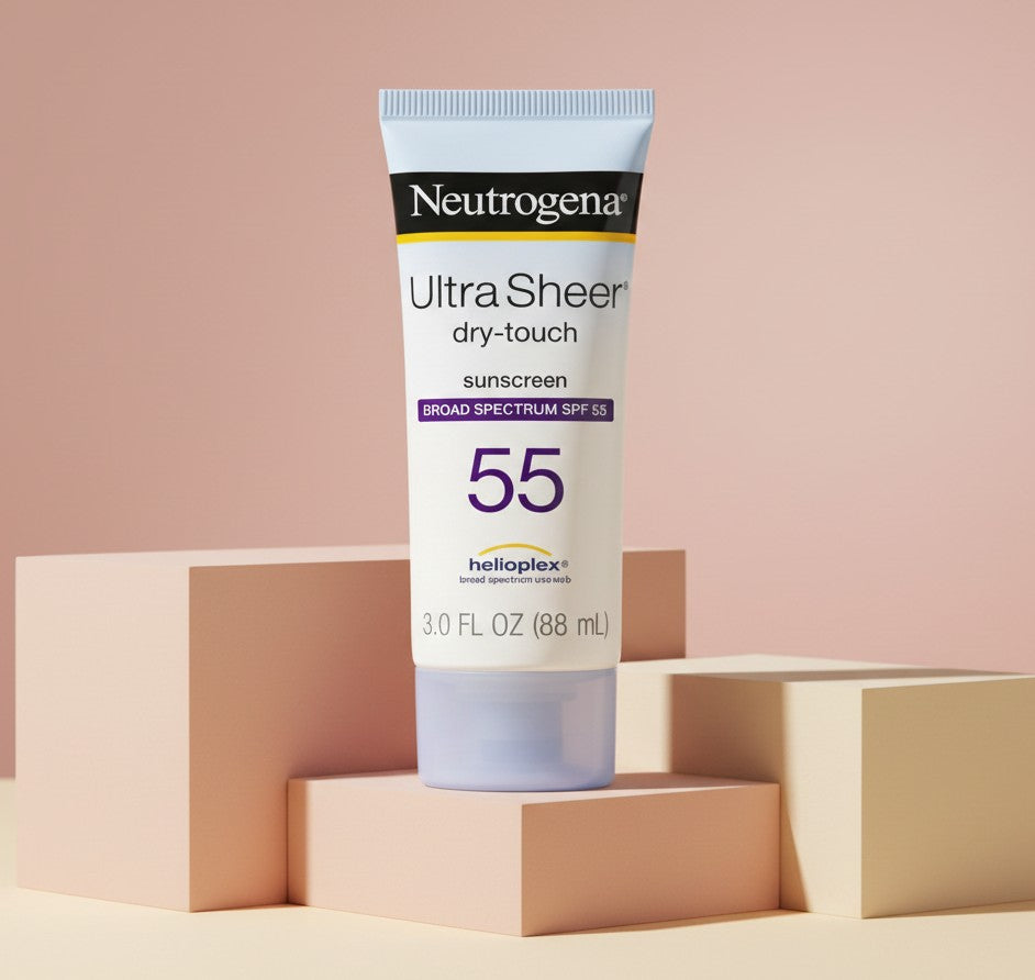 My Glam Room Neutrogena Ultra Sheer Dry-Touch SPF 55 sunscreen tube displayed on minimalist geometric pedestals.