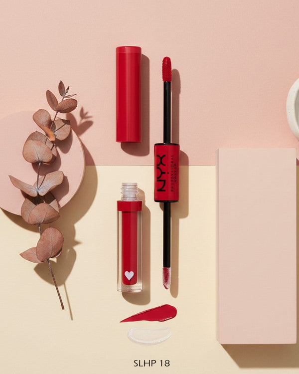 My Glam Room NYX Shine Loud liquid lipstick in shade SLHP18 with applicator, red pigment, and clear top coat