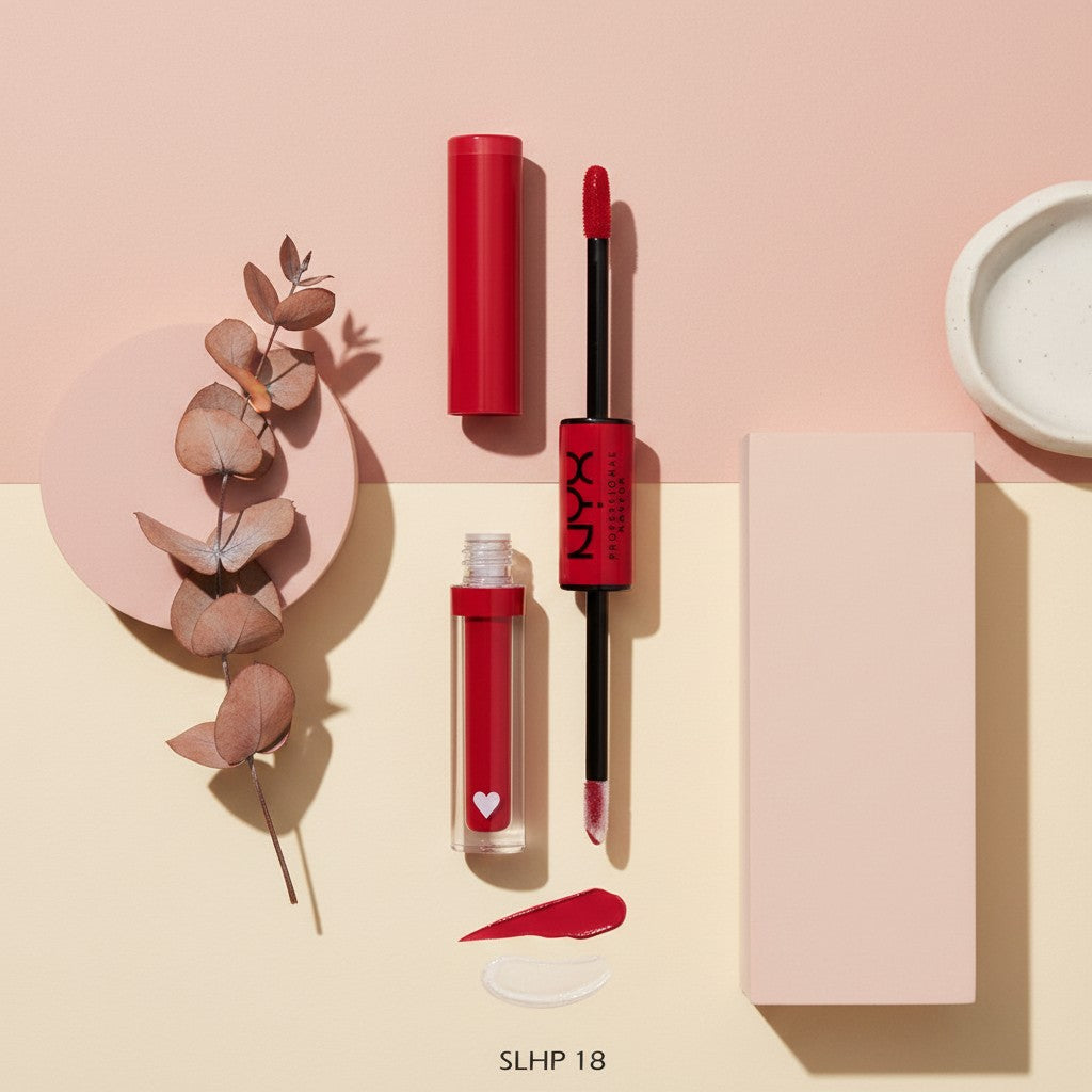 My Glam Room NYX Shine Loud liquid lipstick in shade SLHP18 with applicator, red pigment, and clear top coat