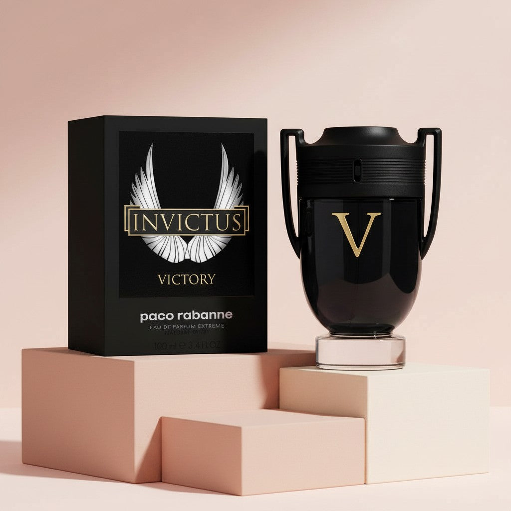 My Glam Room Paco Rabanne Invictus Victory EDP for men in a black trophy-shaped bottle with matching product box.