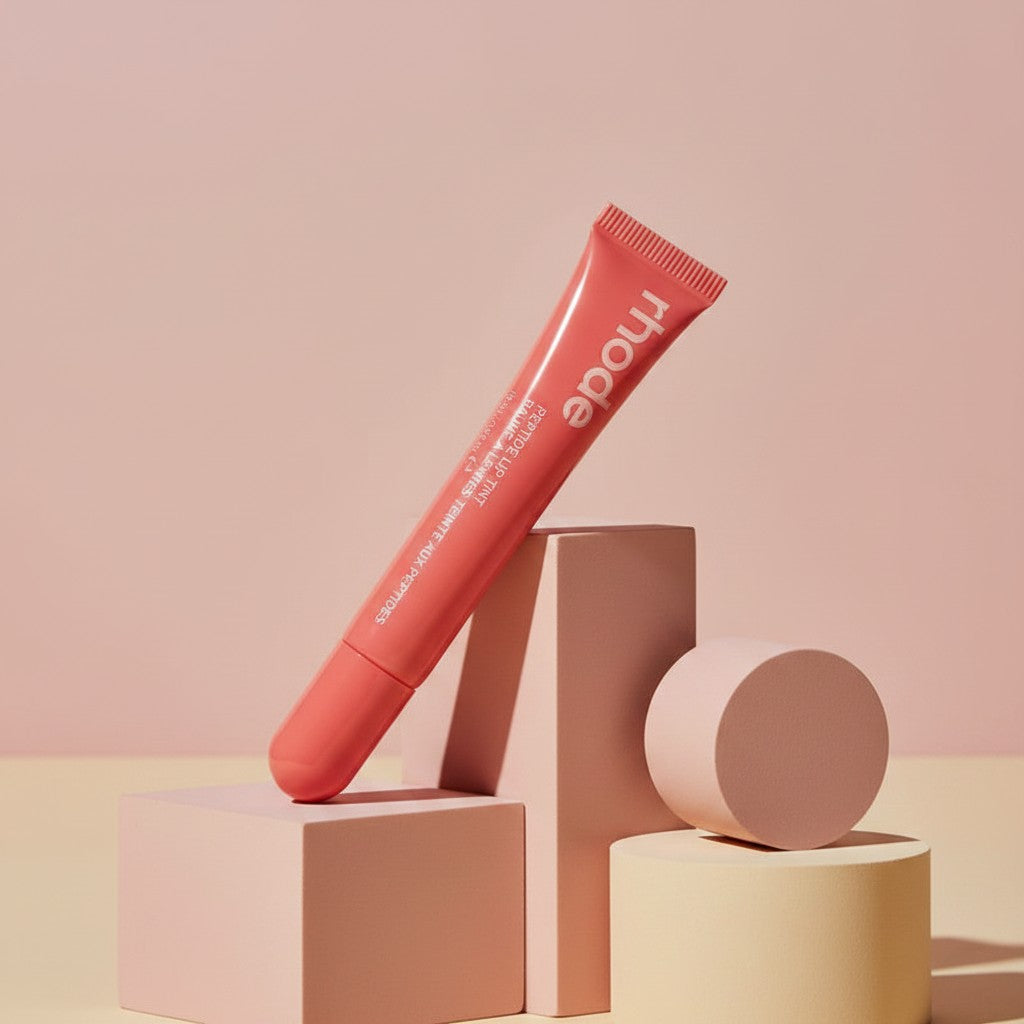 My Glam Room rhode Peptide Lip Tint in Peach Pit, a coral-toned moisturizing lip treatment in a squeeze tube.