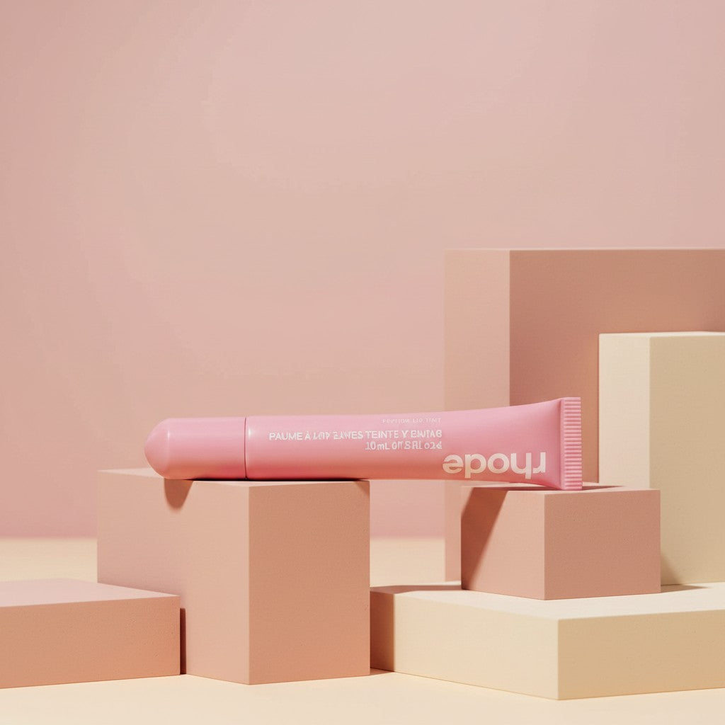 My Glam Room Peptide Lip Tint in Ribbon, a soft pink hydrating lip treatment in a squeeze tube on geometric blocks.