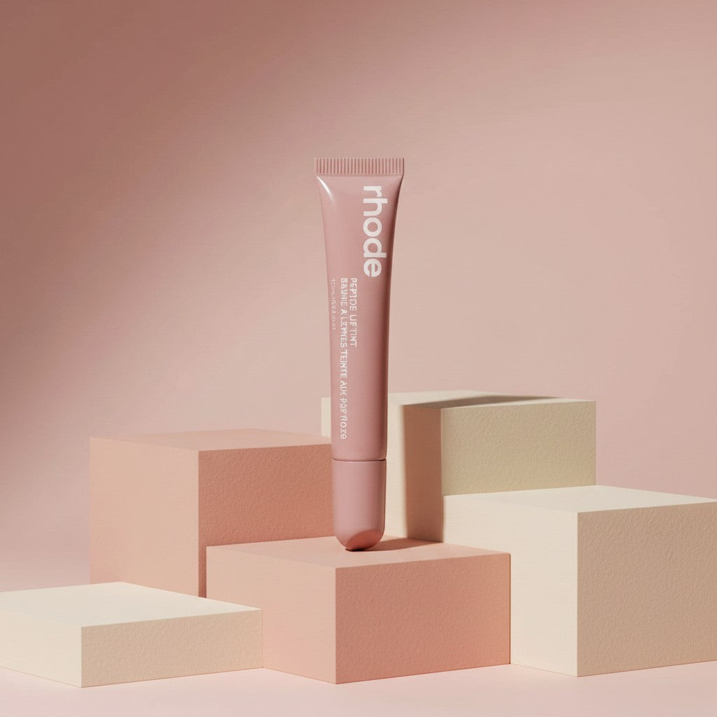 My Glam Room rhode Peptide Lip Tint in Toast shade, a neutral beige lip treatment in a squeeze tube on geometric blocks