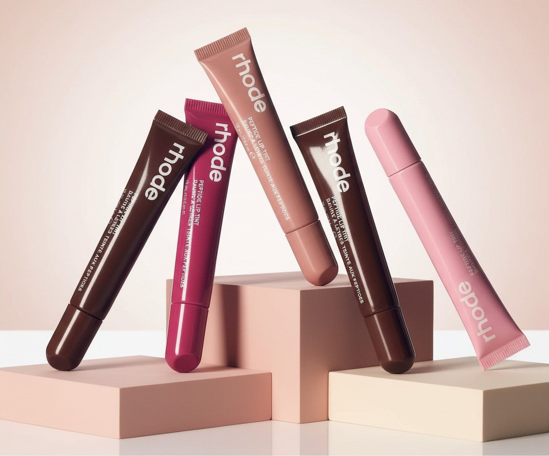 My Glam Room Peptide Lip Tint collection featuring five assorted shades in squeeze tubes displayed on geometric blocks