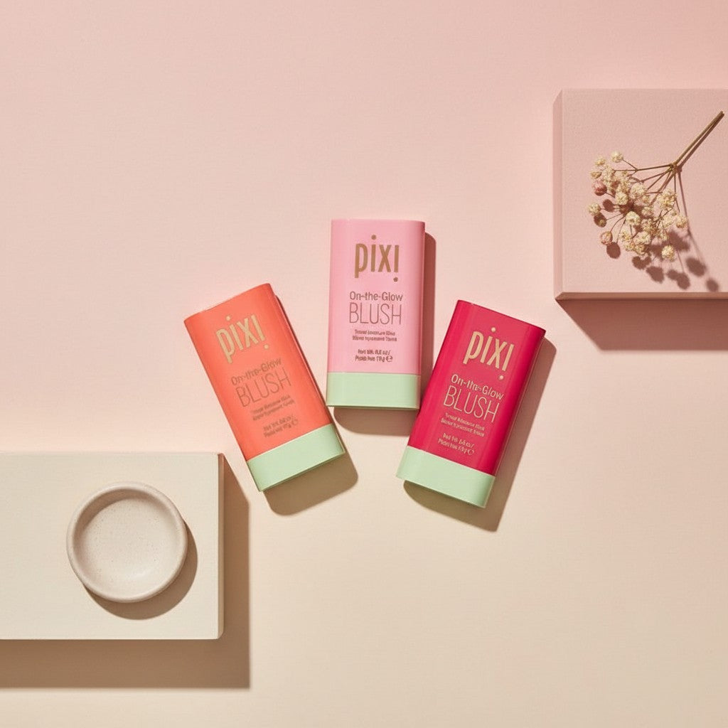 My Glam Room Pixi On the Glow Stick Blush collection in three shades with pink and coral packaging on a beige surface