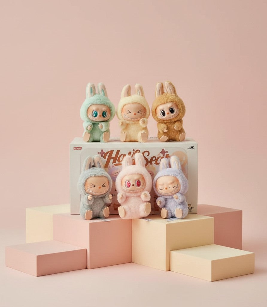 My Glam Room POP MART Labubu Big Into Energy plush blind box figures in pastel colours on display blocks