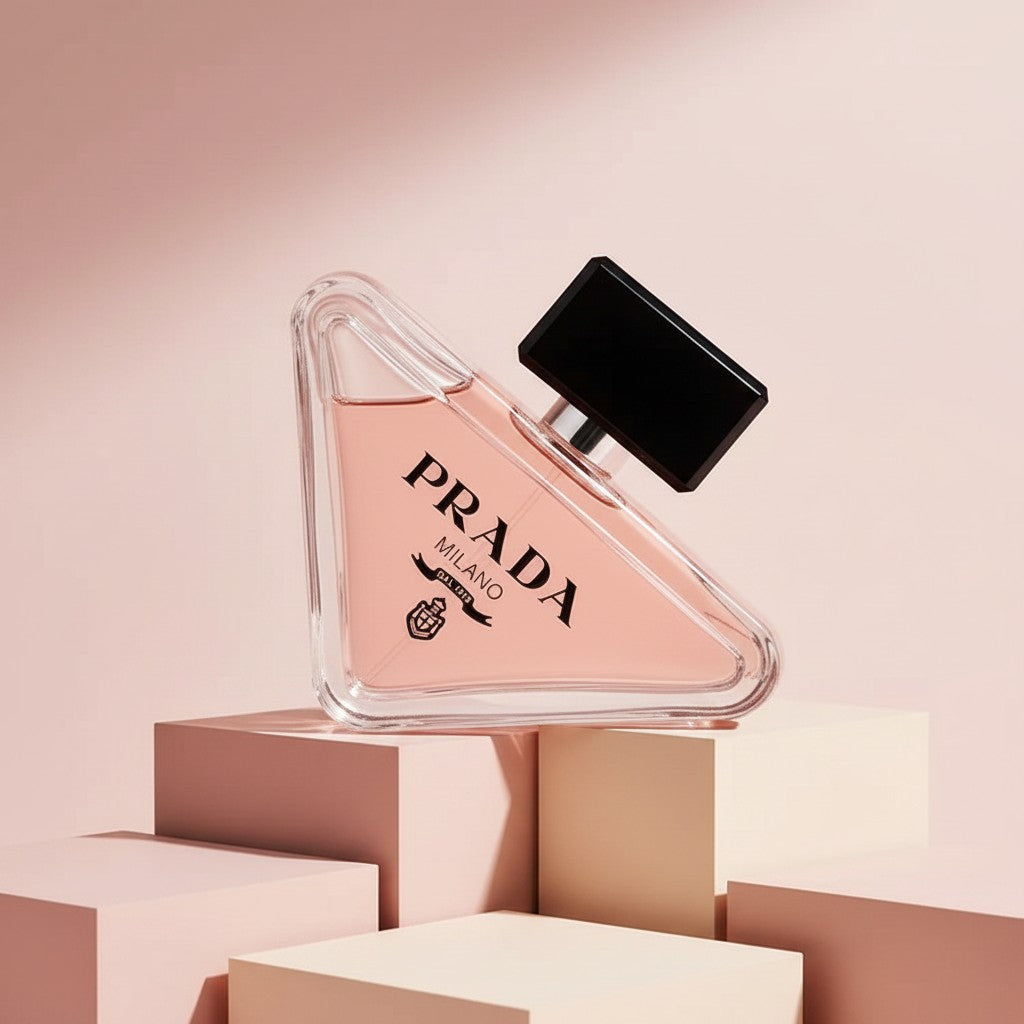 My Glam Room Prada Paradoxe Eau de Parfum for women in a unique triangular glass bottle on pastel pink blocks