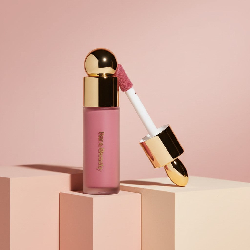 My Glam Room Rare Beauty Soft Pinch Liquid Blush in Encourage shade with gold cap and doe-foot applicator
