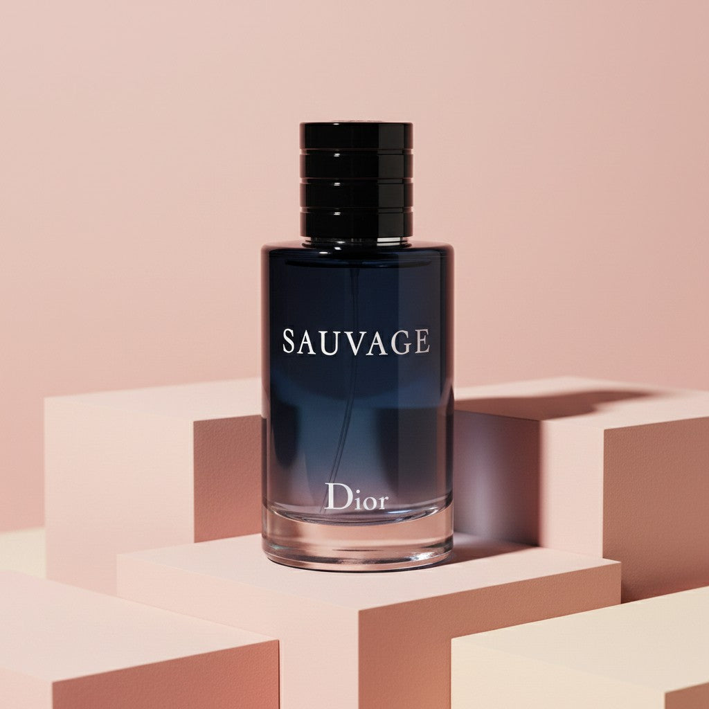 My Glam Room Sauvage EDP perfume bottle in a dark blue glass flacon displayed on geometric pink podiums