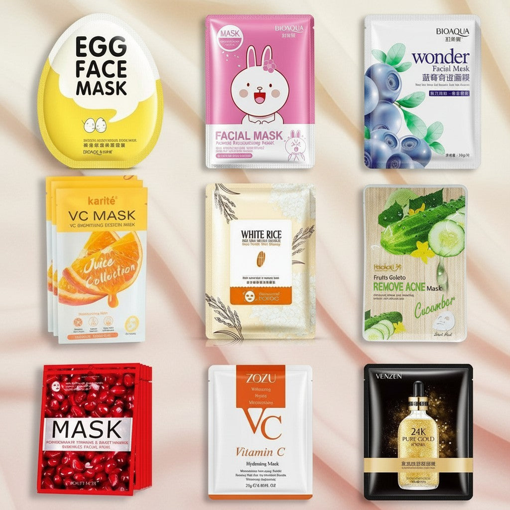 My Glam Room collection of assorted fruit and vitamin facial sheet masks for hydration and skincare