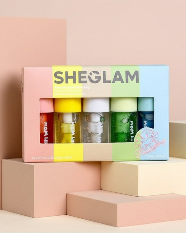 My Glam Room SHEGLAM Jelly Wow Hydrating Lip Oil set featuring five colorful tubes in a pastel display box