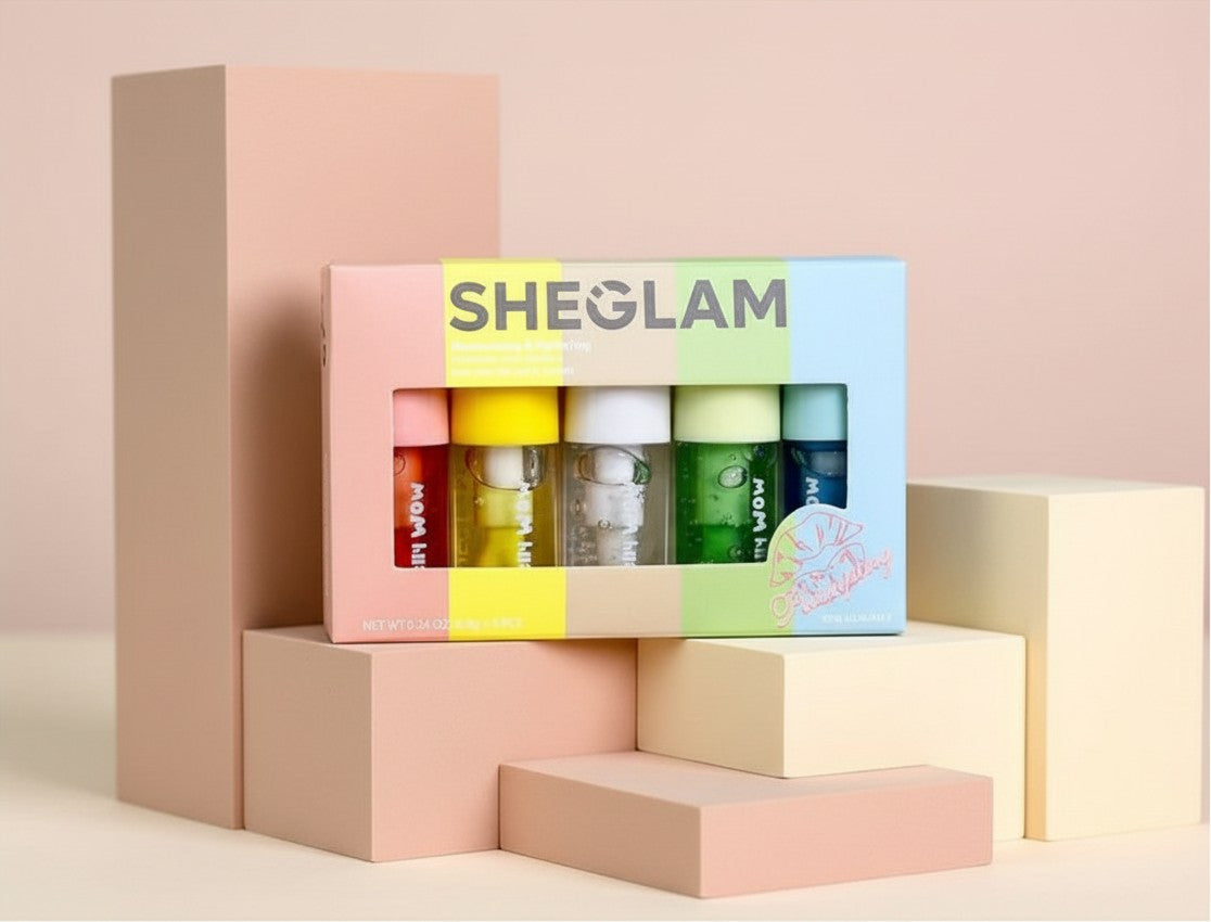 My Glam Room SHEGLAM Jelly Wow Hydrating Lip Oil set featuring five colorful tubes in a pastel display box
