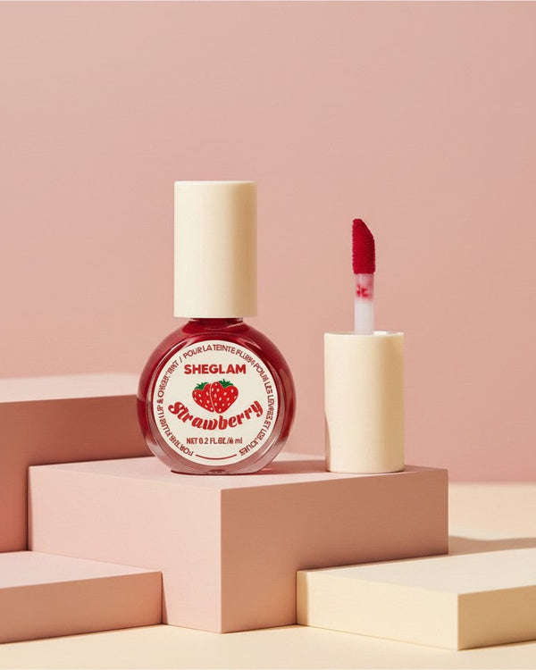 My Glam Room Sheglam strawberry lip and cheek tint in a round glass bottle with a cream cap and doe-foot applicator