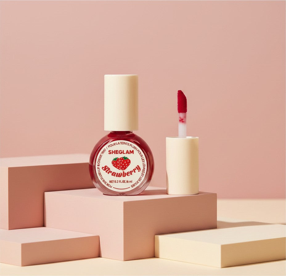 My Glam Room Sheglam strawberry lip and cheek tint in a round glass bottle with a cream cap and doe-foot applicator
